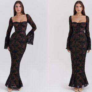 House of CB ‘Delilah’ Black Long Sleeve Lace Maxi Dress NWOT